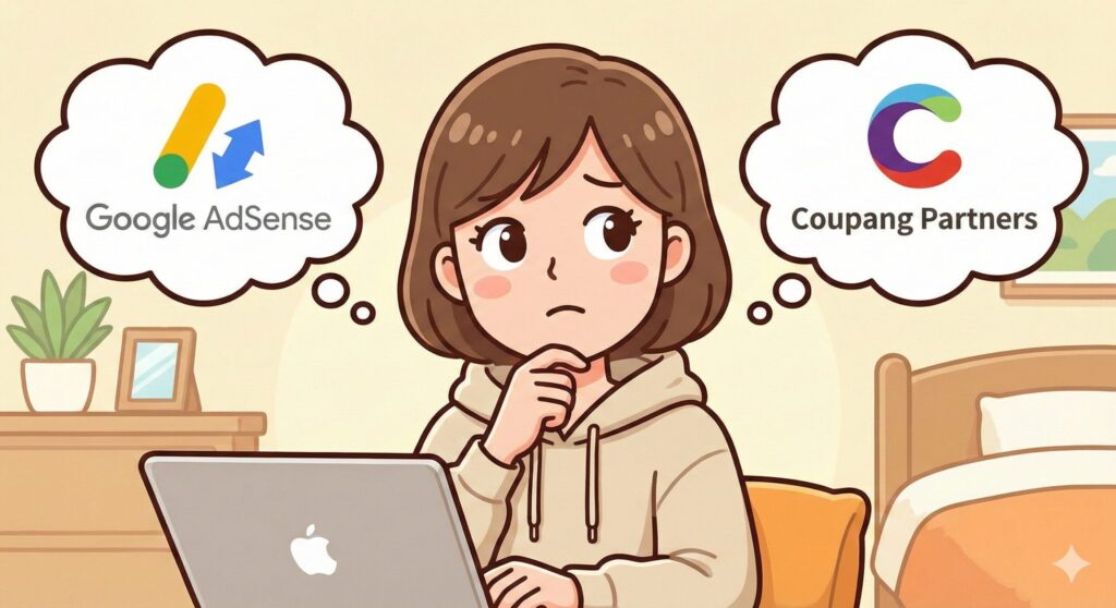 구글 애드센스 광고와 쿠팡 파트너스 광고를 고민하는 모습 카툰