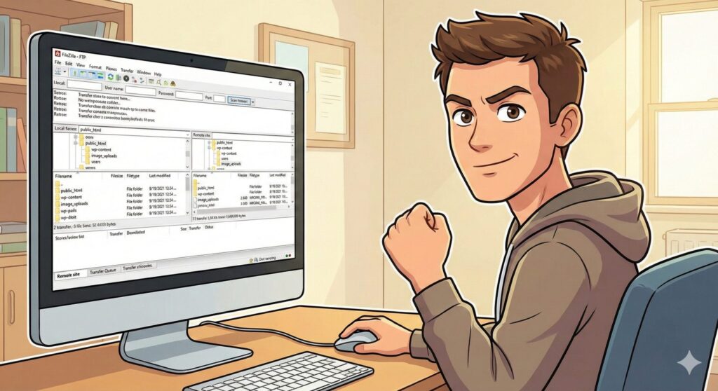 파일질라의 루트폴더를 찾은 초보 블로거 카툰