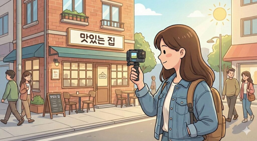 블로그를 위해 직접 사진 촬영을 하는 장면의 카툰