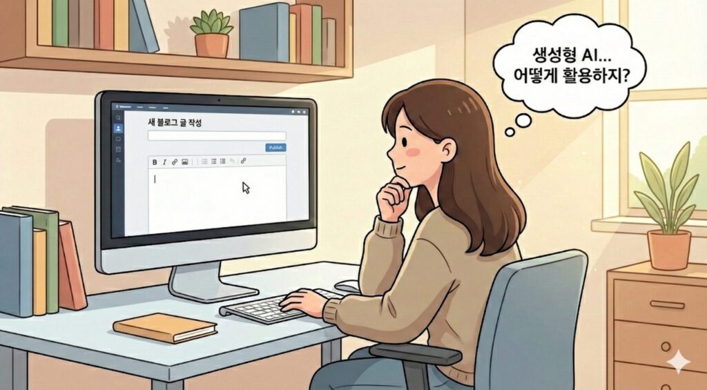 블로그에 ai 이미지 사용을 고민하는 카툰