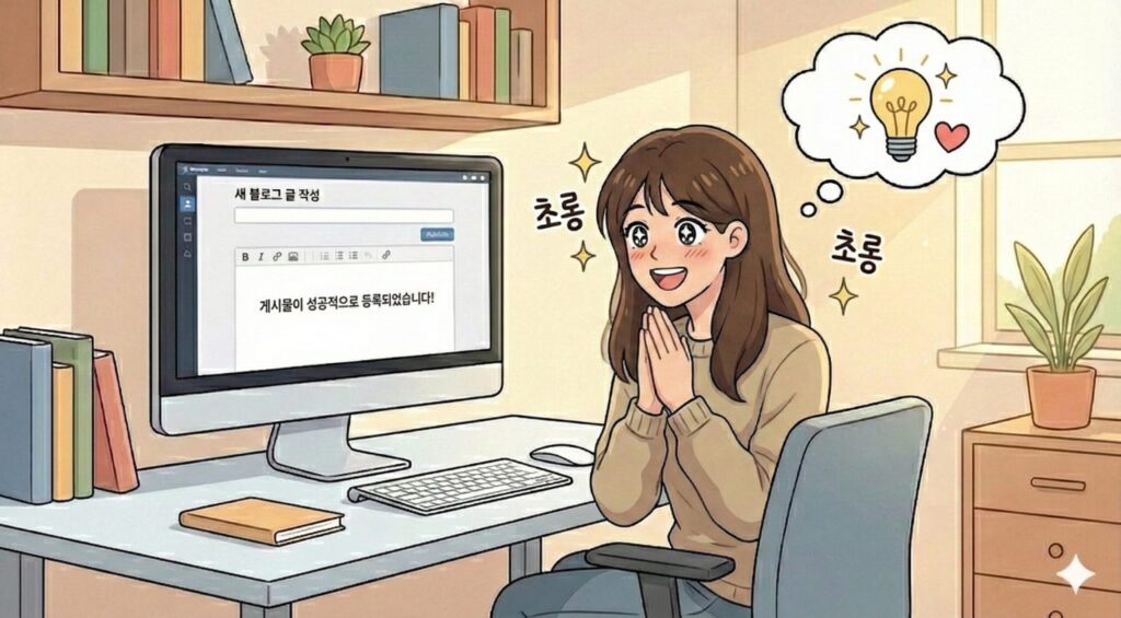 워드프레스 애드센스 광고 문제 해결되어 행복한 모습 카툰